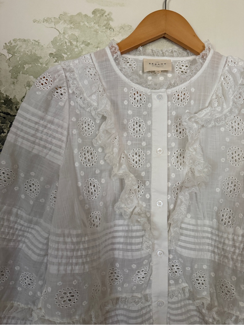 Sezane White Eyelet Ruffle Button-Front Blouse - Picture 3 of 4